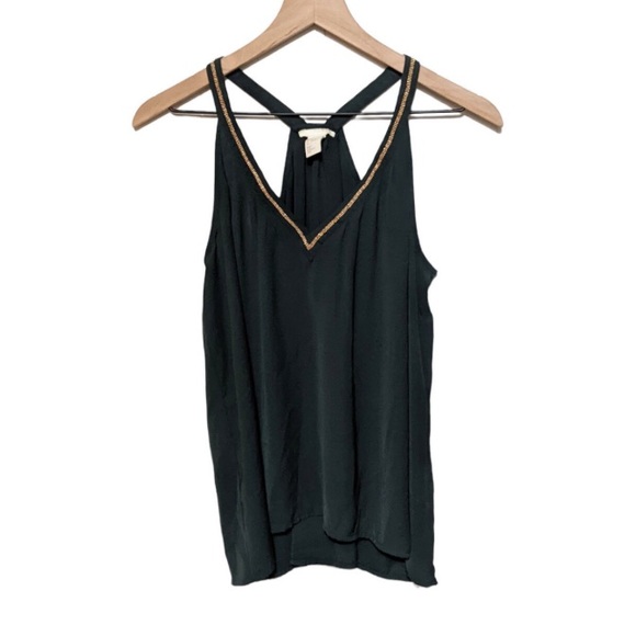 H&M Conscious | Dark green V-neck sleeveless tank top blouse gold trim - Picture 2 of 12